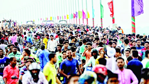 Thousands of jubilant people throng Padma Bridge on Saturday marking its inaugural ceremony.