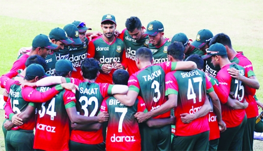 Players of Bangladesh Cricket team cheer up before starting a T20I match recently.