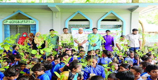 RKS Foundation distributes saplings among the students of Hetikhain Govt Primary School in Anowara Upazila of Chattogram recently.