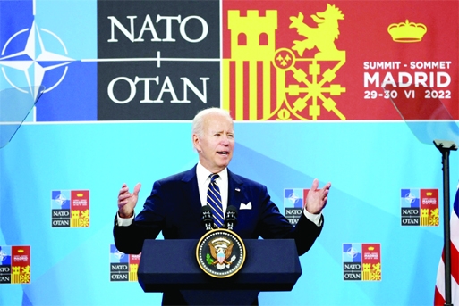 U.S. President Joe Biden speaks at a news conference before departing the NATO summit, Madrid, Spain on Thursday.