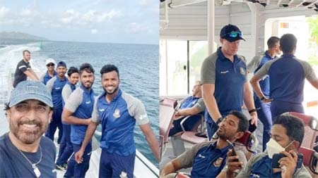 Members of Bangladesh Cricket squad in the Atlantic Ocean on way to Dominica from Saint Lucia on Thursday.