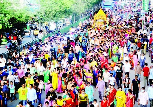 Thousands of Hindu devotees bring out a rally in capital's Tantibazar area on Friday on the occasion of Ratha Yatra.