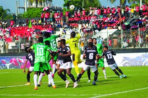 A view of the match of the TVS Bangladesh Premier League Football between Bashundhara Kings and Dhaka Mohammedan Sporting Club Limited at the Bhasha Sainik Dhirendranath Dutta Stadium in Cumilla on Saturday.