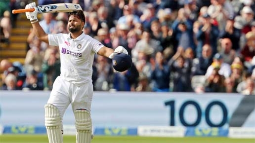 India's Rishabh Pant celebrates after reaching his century during play on Day 1 of their fifth Test against England at Edgbaston on Friday.