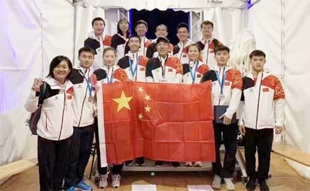 The Chinese sport climbing team take a group photo after the game on Friday.