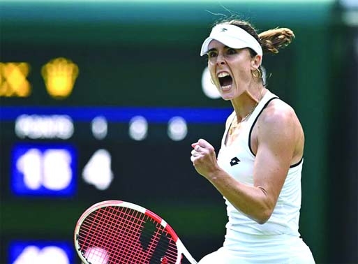 France's Alize Cornet reacts as she competes against Poland's Iga Swiatek during their women's singles tennis match on the sixth day of the 2022 Wimbledon at The All England Tennis Club in Wimbledon, southwest London on Saturday.