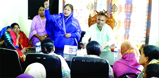 SAGHATA (Gaibandha): Ludmila Parvin Chhanda Rabbi, President, District Mahila Awami League speaks at a view exchange meeting in Saghata Upazila recently .