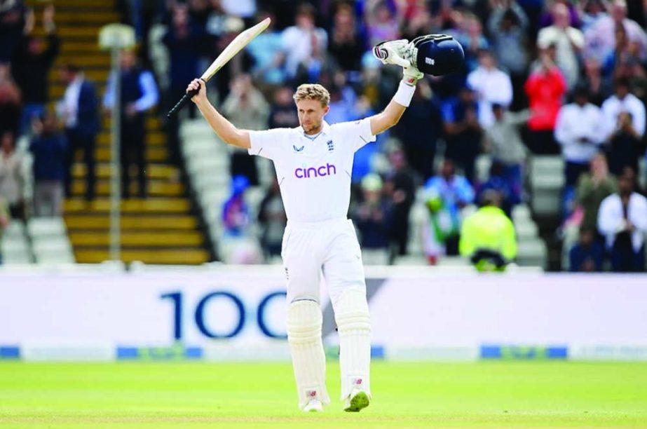 England's Joe Root celebrates his century on the Day 5 of the fifth Test against India at Edgbaston, Birmingham, Britain on Tuesday. Agency photo