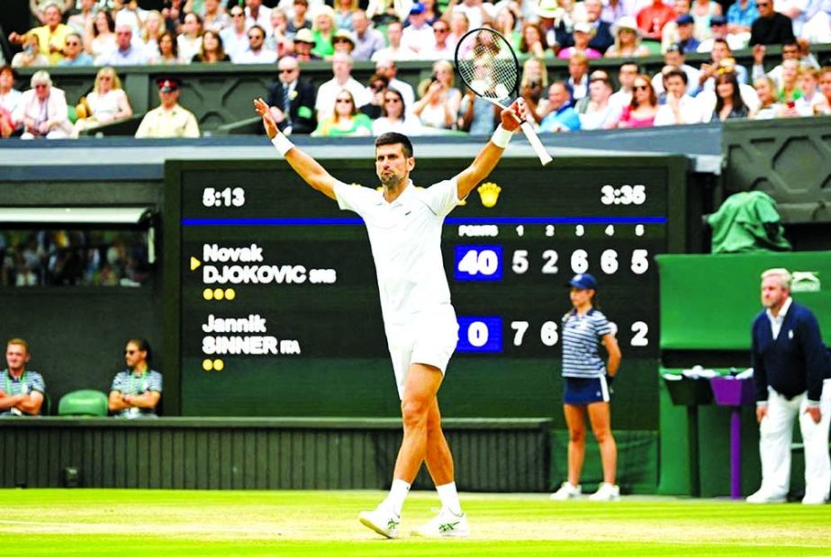 Serbia's Novak Djokovic celebrates winning his quarter final match against Italy's Jannik Sinner during the Wimbledon Tennis 2022 at All England Lawn Tennis and Croquet Club, London, Britain on Tuesday. Agency photo