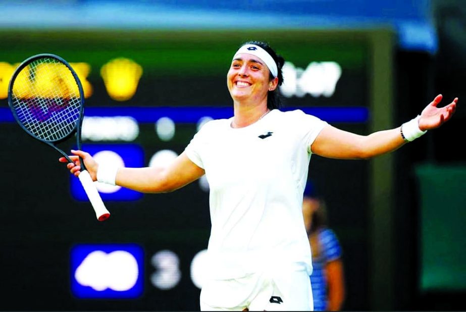Tunisia's Ons Jabeur celebrates winning her quarter final match against Czech Republic's Marie Bouzkova during the Wimbledon Tennis 2022 at All England Lawn Tennis and Croquet Club, London, Britain on Tuesday. Agency photo