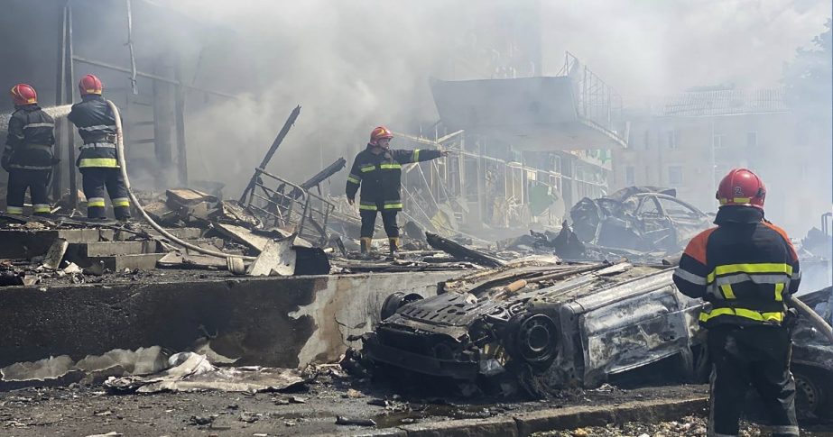 In this photo provided by the Ukrainian Emergency Service, firefighters work to extinguish fire at a building damaged by shelling, in Vinnytsia, Ukraine, Thursday, July 14, 2022.