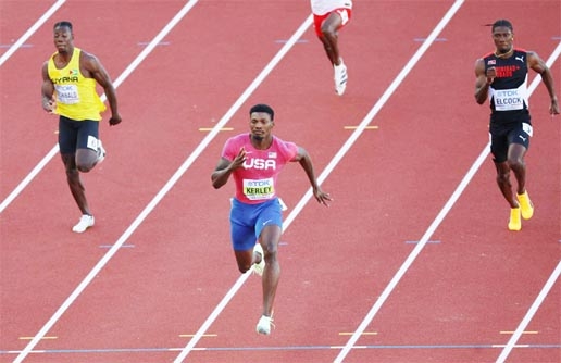 Fred Kerley (front) of the U.S. , Guyana's Emanuel Archibald (left) and Trinidad And Tobago's Jerod Elcock in action during the heat of the World Athletics Championships,Men's 100 Metres at Hayward Field, Eugene, Oregon, U.S on Friday.