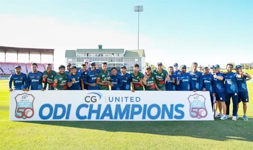 Members of Bangladesh Cricket team pose for a photo session after whitewashing West Indies 3-0 in the ODI series at Providence Stadium in Guyana on Saturday.