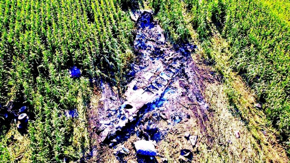 Debris is seen at the crash site of an Antonov An-12 cargo plane owned by a Ukrainian company near Kavala, Greece on Sunday. Agency photo