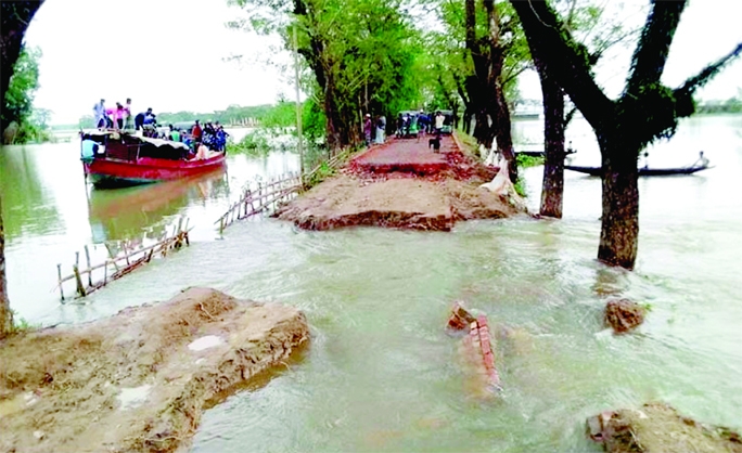 SYLHET: A view of the damaged road at Goyairghat Upazila.