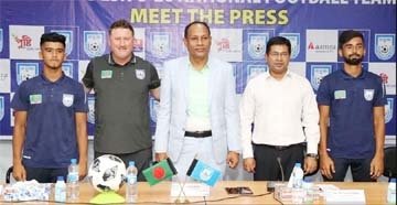 A scene from the press conference of the players and officials of Bangladesh Under-20 national football team at the Bangladesh Football Federation Bhaban on Thursday.