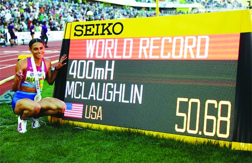 Gold medalist Sydney McLaughlin, of the United States, celebrates after winning the women's 400 hurdles at the World Athletics Championships in Eugene, Oregon on Friday.