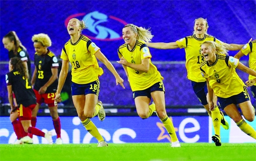 Sweden's Linda Sembrant (left) and others celebrate scoring their first goal with teammates during the Women's Euro 2022 - Quarter Final at Leigh Sports Village, Leigh, Britain on Friday.