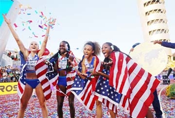 From left: Talitha Diggs, Abby Steiner, Britton Wilson and Sydney McLaughlin of the U.S. celebrate winning the women's 4x400 metres relay final during the World Athletics Championships at Hayward Field, Eugene, Oregon, U.S on Sunday.