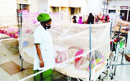 Dengue patients are seen lying inside mosquito nets in city's Mughda hospital on Tuesday.