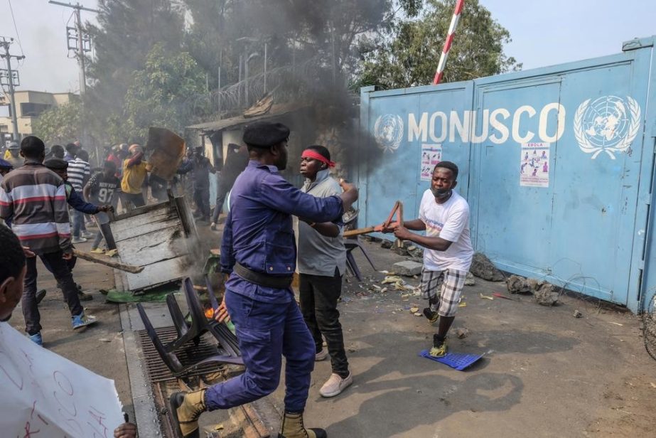 Residents protest against the United Nations peacekeeping force (MONUSCO) deployed in the Democratic Republic of the Congo, in Goma, Monday, July 25, 2022.