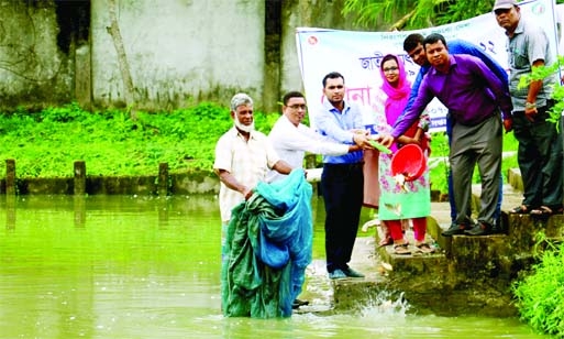 BHANDARIA (Pirojpur): Ruman Afroz , Assistant Commissioner(land) releasing fish fries at a pond in Bhandaria Upazila marking the Natinal Fisheries Week jointly organised by Upazila Administration and Fisheries Office on Monday.