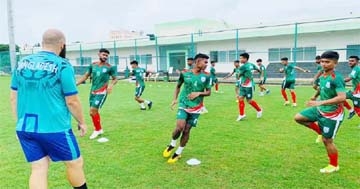 Members of Bangladesh Under-20 Football team during their practice session recently.