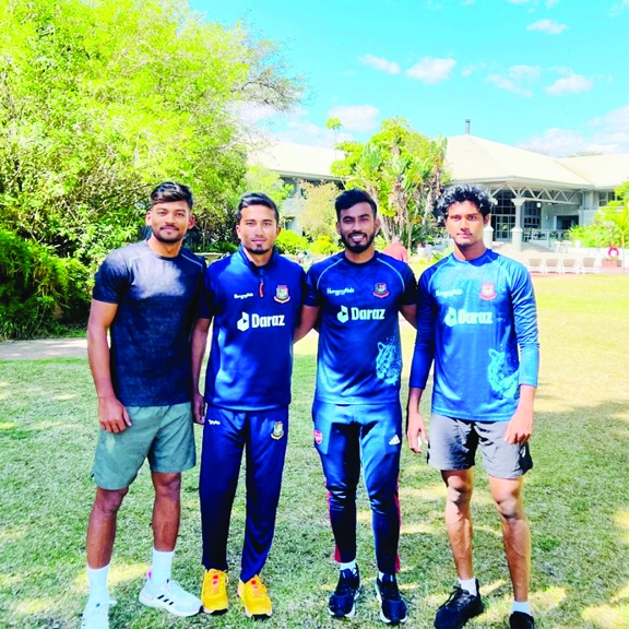 (From left to right) Najmul Hossain Shanto, Afif Hossain, Munim Shahriar and Hasan Mahmud of Bangladesh T20 Cricket team after their gym session in Zimbabwe recently.