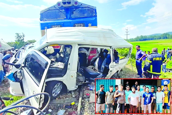 People gather near badly damaged microbus after a passenger train hits it in Chattogram's Mirsarai area on Friday. In the inset the victims pose for a photograph before boarding the microbus at Hathazari in Chattogram.