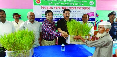 RANGPUR: State Minister for Rural Development and Cooperatives Mashiur Rahman Ranga distributing Aman seedlings among the flood -hit farmers at a function at Gangachara Upazila as Chief Guest on Wednesday.