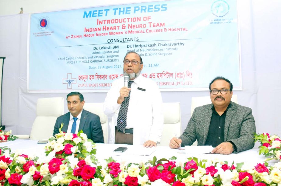 Prof Saiz Uddin Kabir, Principal of Zainul Haque Sikder Women's Medical College and Hospital speaks at a 'Press Meet' on the hospital premises on Monday to introduce two Indian surgeons who joined the Hospital recently.