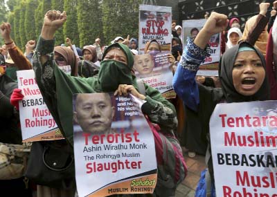 Hundreds of Muslim women staged the rally on the third day of protests calling for the government of the world's most populous Muslim country to take a tougher stance against persecution of the Rohingya.