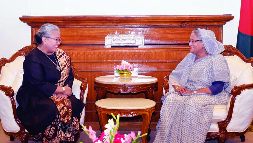 Newly appointed Indonesian Envoy to Bangladesh Ms. Rina Prihtyasmiarsi Soemarno paid a courtesy call on Prime Minister Sheikh Hasina at the latter's office on Tuesday. Photo PMO