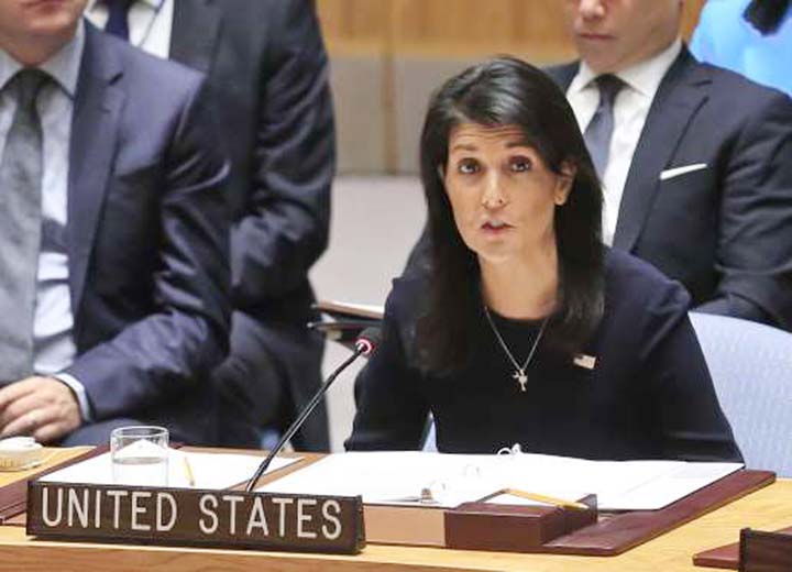 U.S. Ambassador to the United Nations Nikki Haley speaking at a Security Council emergency meeting to adopt the strongest sanctions measures possible to stop Pyongyang's nuclear program.