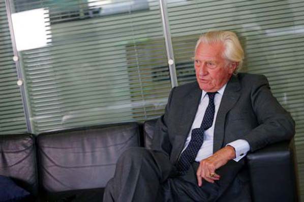 Former British Deputy Prime Minister Michael Heseltine speaks to a Reuters journalist during an interview in London on Tuesday.