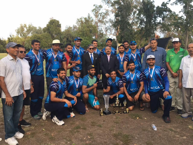 Members of Northern California Cricket Association team, the champions of the Sheikh Kamal Memorial USA Western Regional Championship with the guests and organizers pose for photograph at Los Angeles in the USA recently.