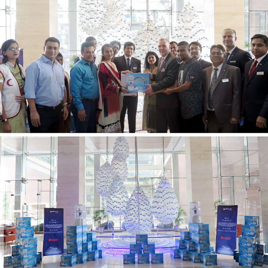 The authorities of the Hotel Radison Blu Chittagong Bayview, handing over 85 water purifier filters to Red Crescent Society for distribution in the remote areas of Chittagong recently.