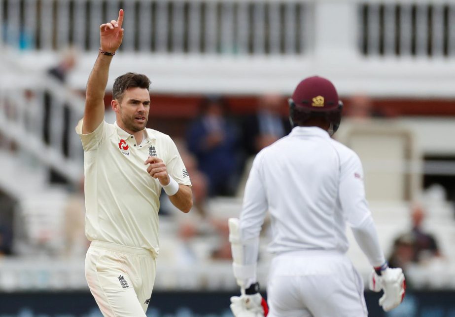 England's James Anderson celebrates taking the wicket of West Indies' Kyle Hope at Lordâ€™s on Thursday.