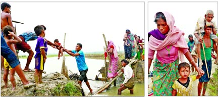 Rohingyas along with their kids and elderly family members are crossing Naf river through many points under Ukhiya upazila of Cox's Bazar district in a bid to enter Bangladesh. Those who have fled the Myanmar military (right) crackdown there described s