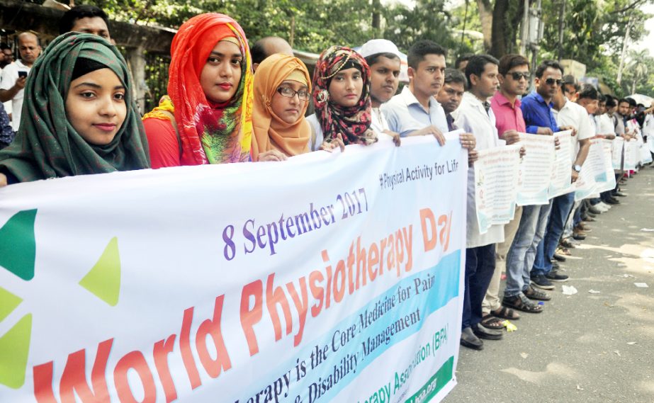 Bangladesh Physiotherapy Association formed a human chain in front of the Jatiya Press Club on Friday marking World Physiotherapy Day.