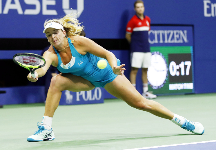 CoCo Vandeweghe of the United States returns a shot from Madison Keys of the United States during the semifinals of the US Open tennis tournament in New York on Thursday.