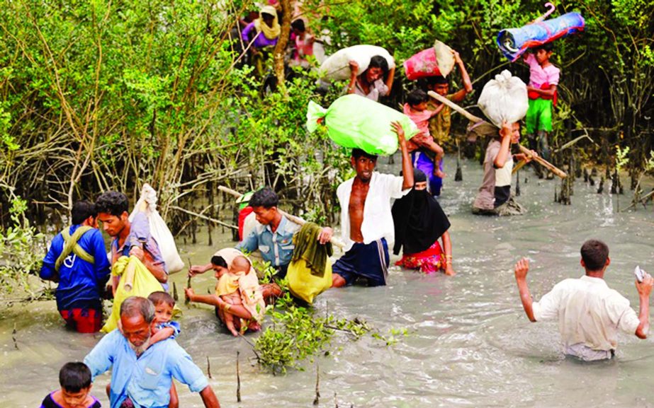 Fleeing Rohingyas entering Bangladesh through jungles and various water bodies along Ukhiya and Teknaf areas on Friday.