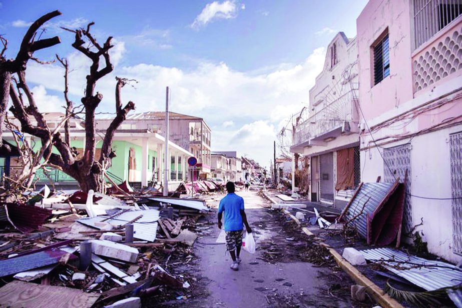 A street covered in debris after Irma hurricane passed over the French island of Saint-Martin.