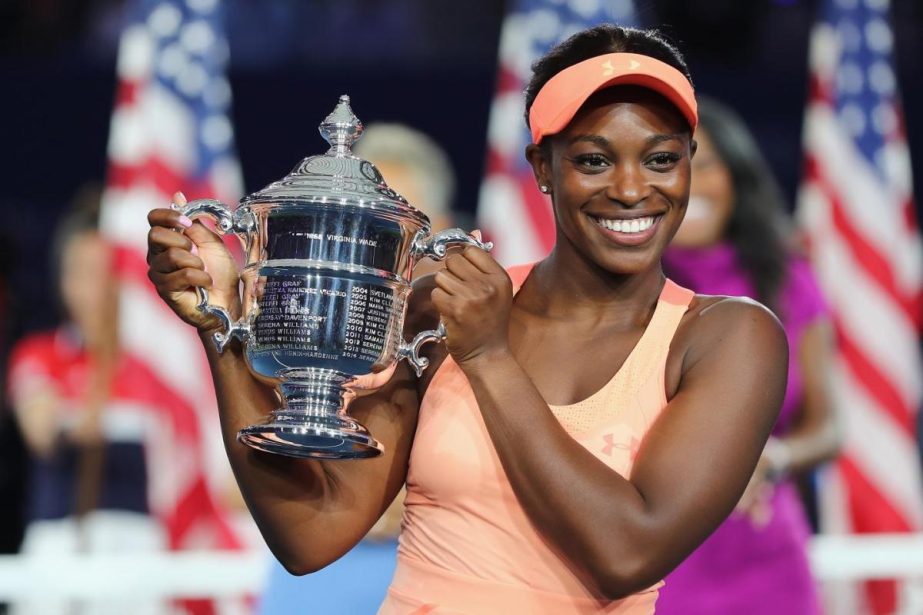 Sloane Stephens of the United States poses for photo with the championship trophy after beating Madison Keys of the United States in the women's singles final of the US Open tennis tournament on Saturday in New York.
