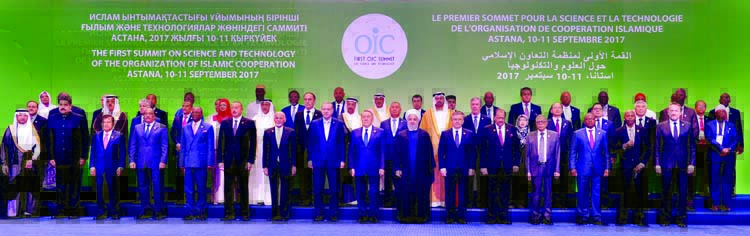 President Abdul Hamid along with world leaders poses for a photo session at OIC Summit on Science and Technology at Astana, capital of Kazakhstan on Sunday. BSS photo