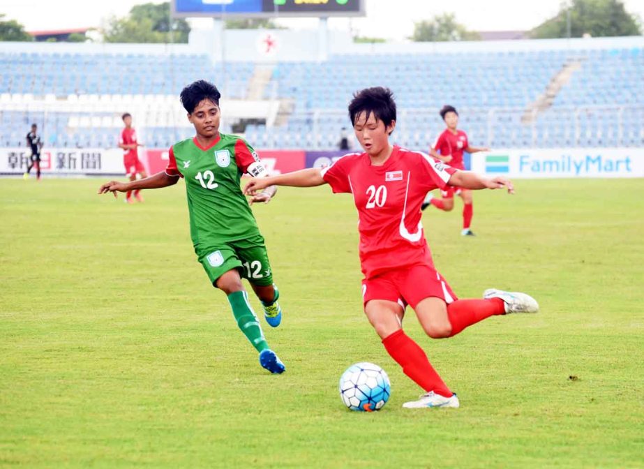 An action from the AFC U-16 Women's Championship match between Bangladesh and North Korea at the Chonburi Stadium in Thailand on Monday. Moin Ahamed