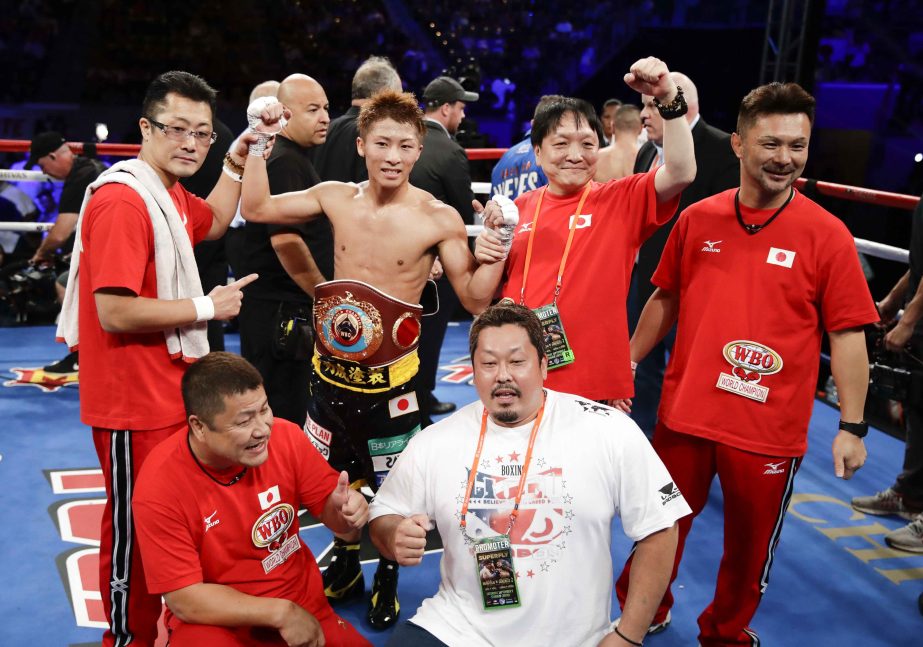 Naoya Inque of Japan, poses for a picture after his win against Antonio Nieves during the WBO super flyweight championship boxing match on Saturday in Carson, Calif.