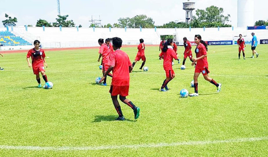 Members of Bangladesh Under-16 Women's National Football team during their practice session at the Institute of Physical Education Chonburi Campus field in Chonburi, Thailand on Tuesday. Moin Ahamed