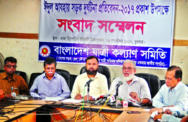 Bangladesh Jatri Kalyan Samity hold a press conference on the occasion of publishing of report on road accidents during Eid-ul-Azha at DRU yesterday.