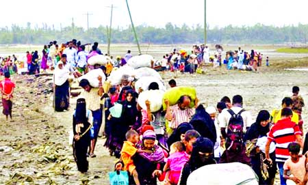 Rohingya Muslims are entering Bangladesh from Myanmar through Teknaf border. This picture was taken from Hariakhali area on Wednesday.